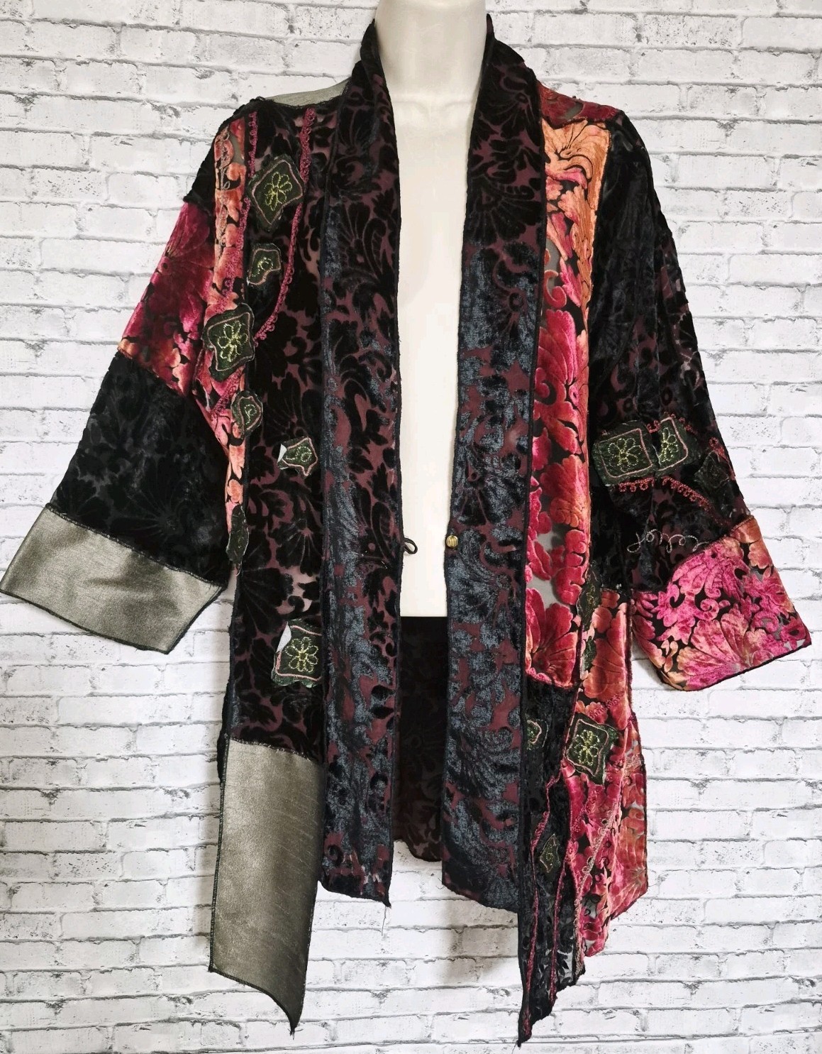 Vintage Alex Kim Womens M Black Velvet Burnout Patchwork Embroidered Art To Wear