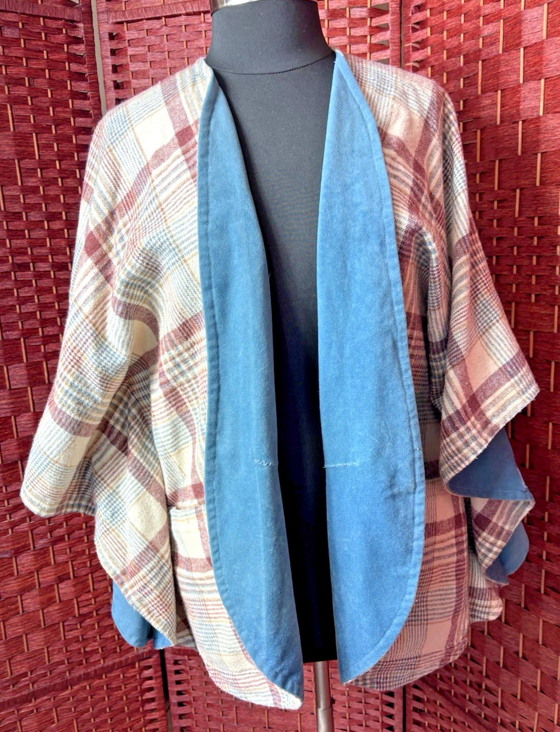 Vintage 1960s Plaid Wool Blend Suede Trim Ruana Cape Shawl Boho Hippie OS