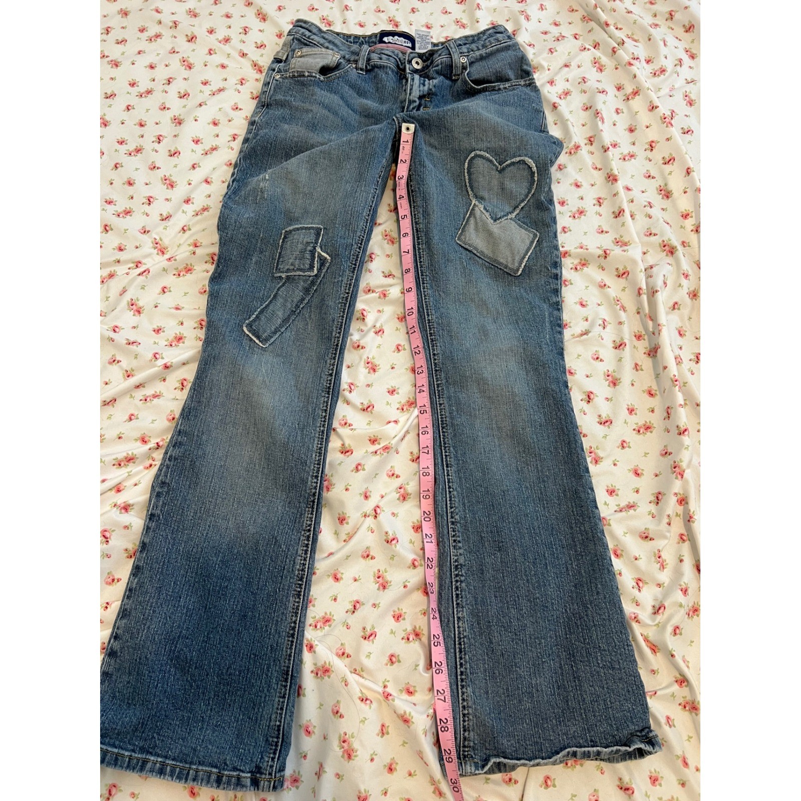 vintage low rise heart patchwork bootcut flare jeans