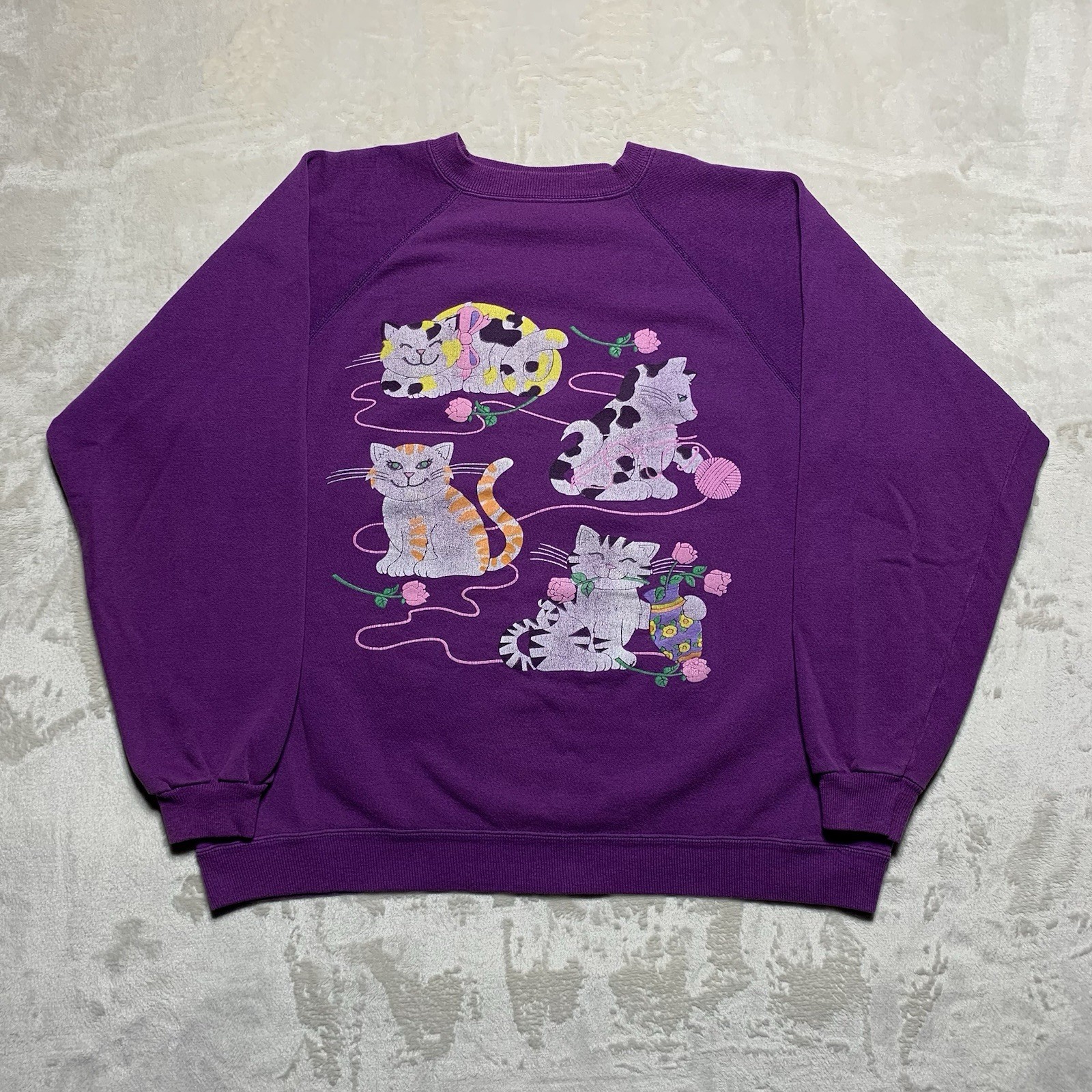 Vintage Cat Sweatshirt Woman’s Xl Raglan Yarn Art Grandma 80s 90s Made In USA
