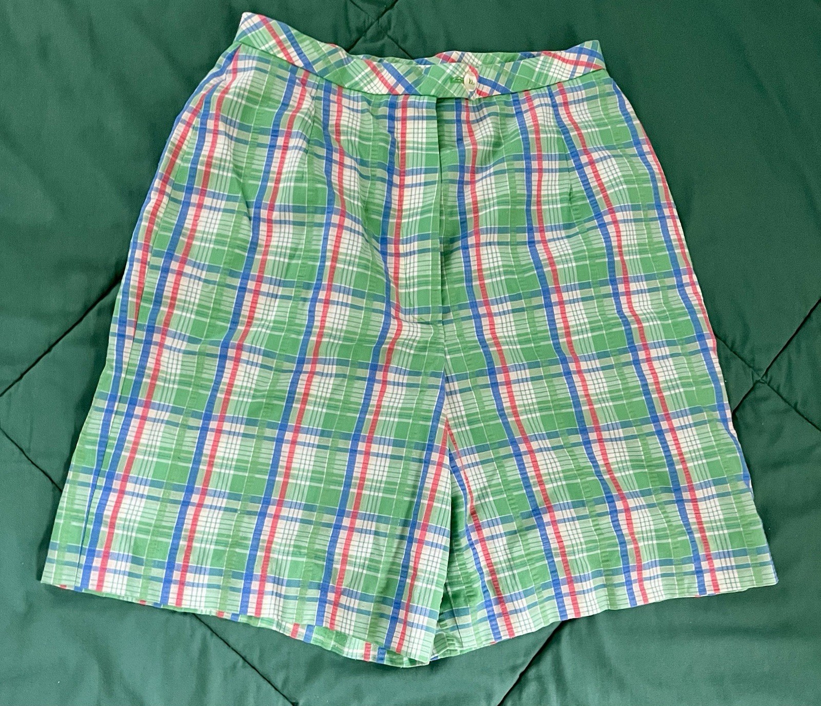 Vtg Womens Haymaker Sz 8 Shorts Flat Front Searsucker Plaid Green Red Blu Tennis