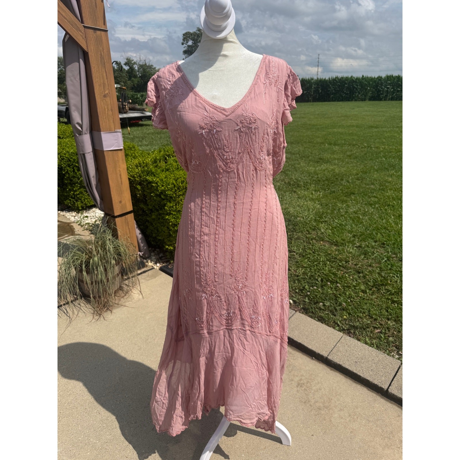 Vtg Y2K Papillon Dress L Pink Beaded Sequin Flutter Sleeve Midi Handkerchief