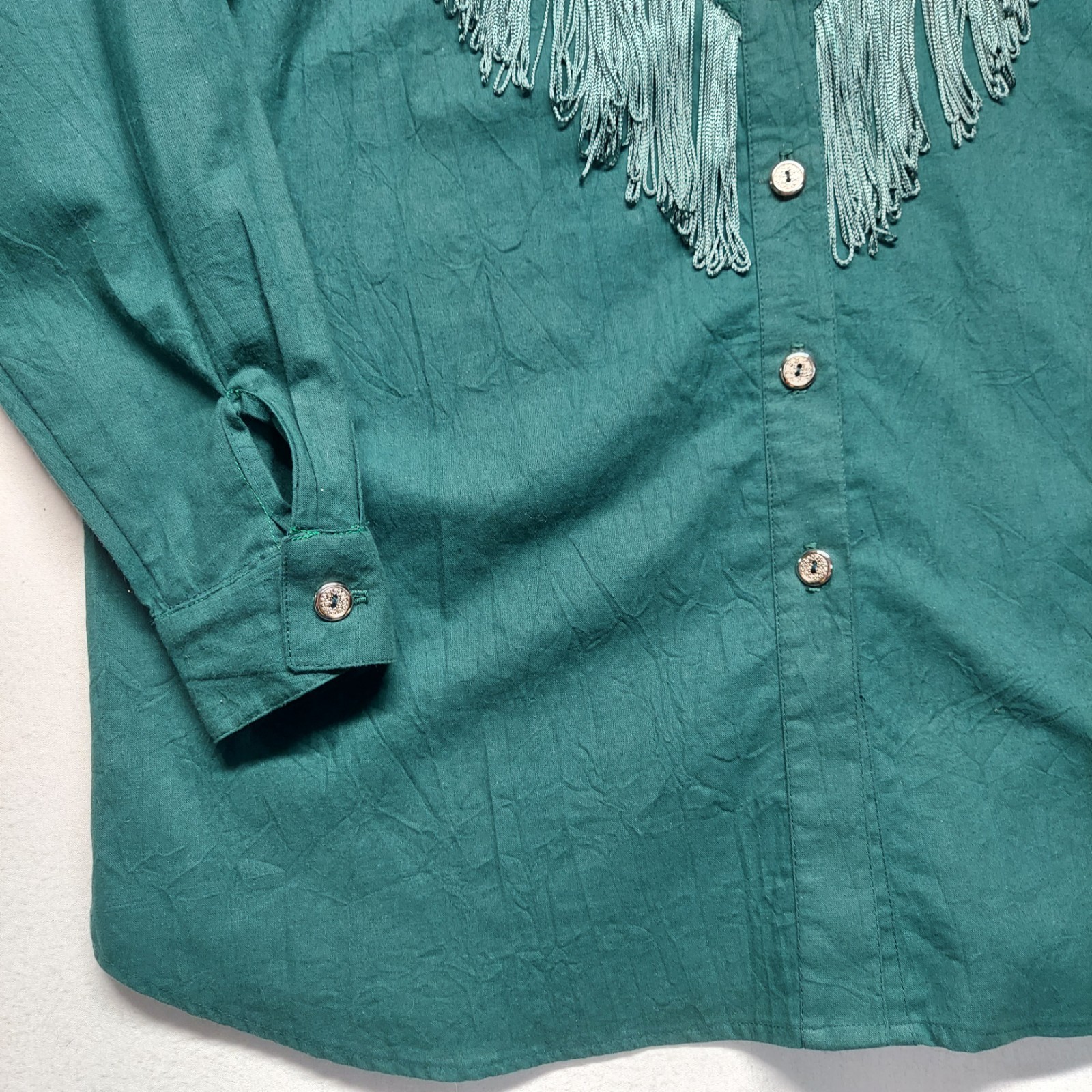 VTG 80’s Lilia Guilty Western Cowgirl Blouse XL Green Metallic Lace Fringe USA