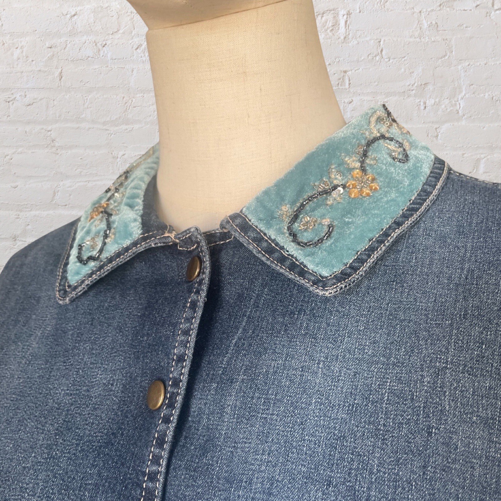 Vintage 90’s Y2K Denim Jacket With Valve Beaded Collar Boho Cottagecore Fairy