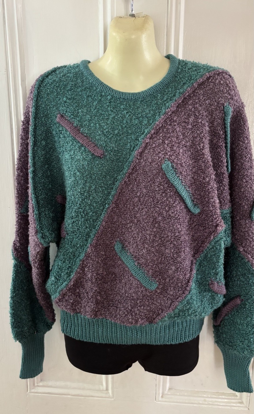 Vintage Ginenne Sweater Womens M 1980s Pullover Teal Plum Boucle Knit Deadstock