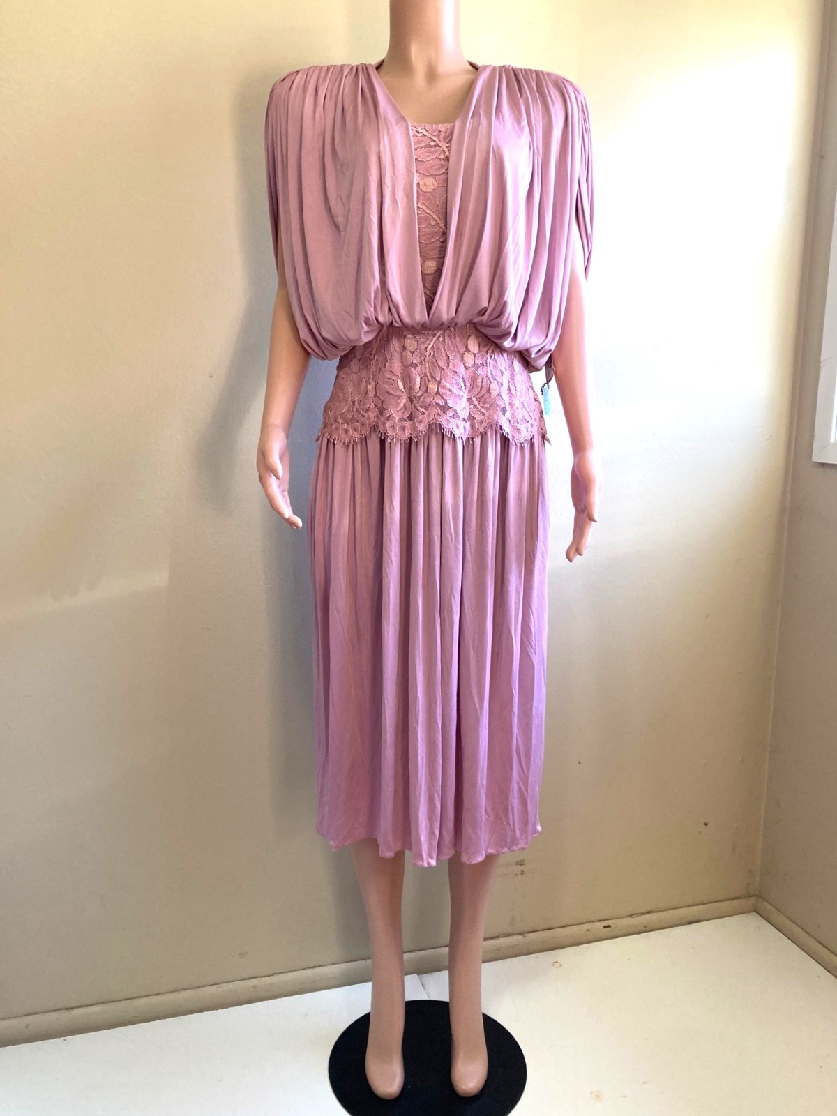 Vintage 70s Miss Eliette Midi Dress 10 M Donna Summer Mauve Pink Poly Knit Zip