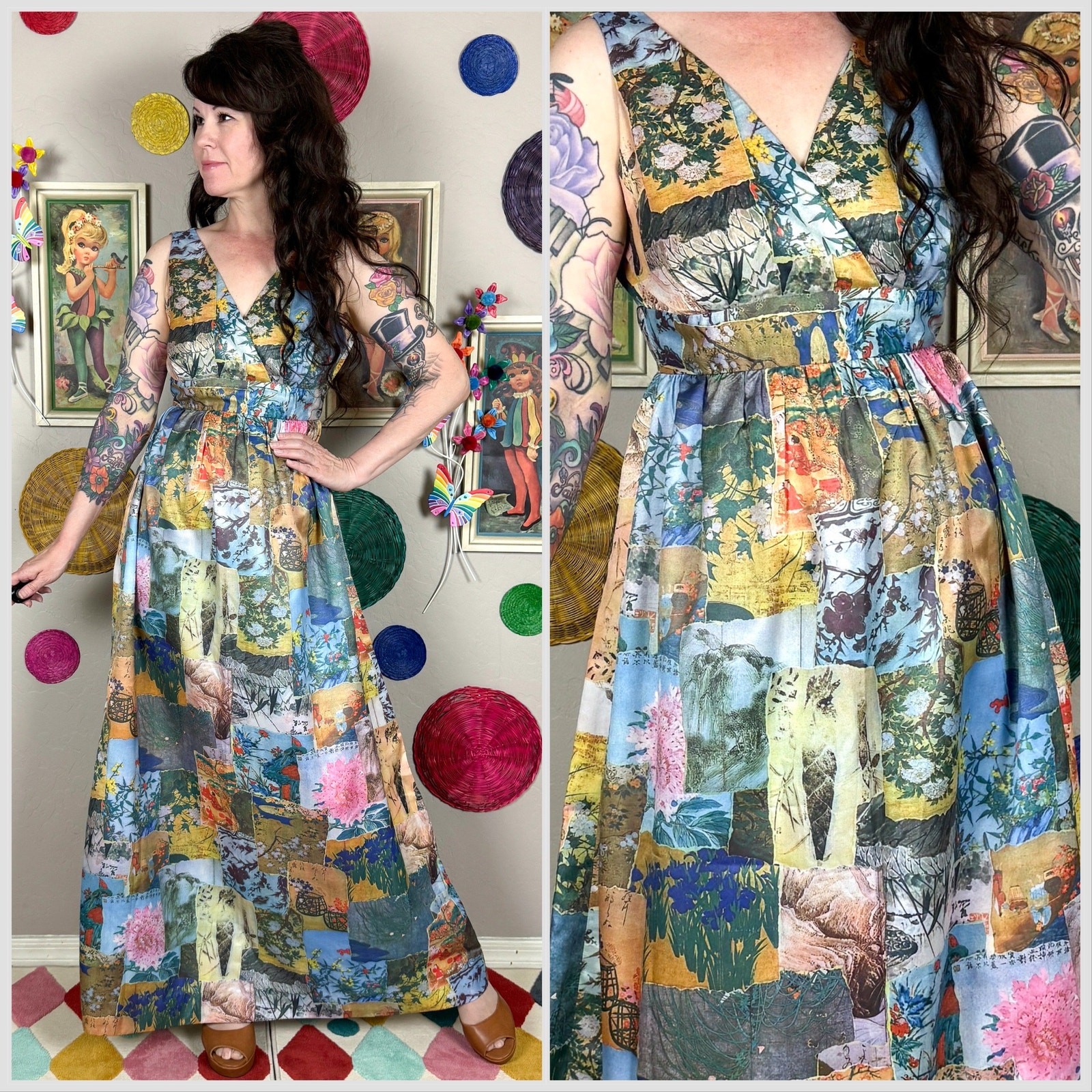 Vintage 1970s Hawaiian Print Sleeveless A-Line Maxi Dress | 25″-26″ Waist