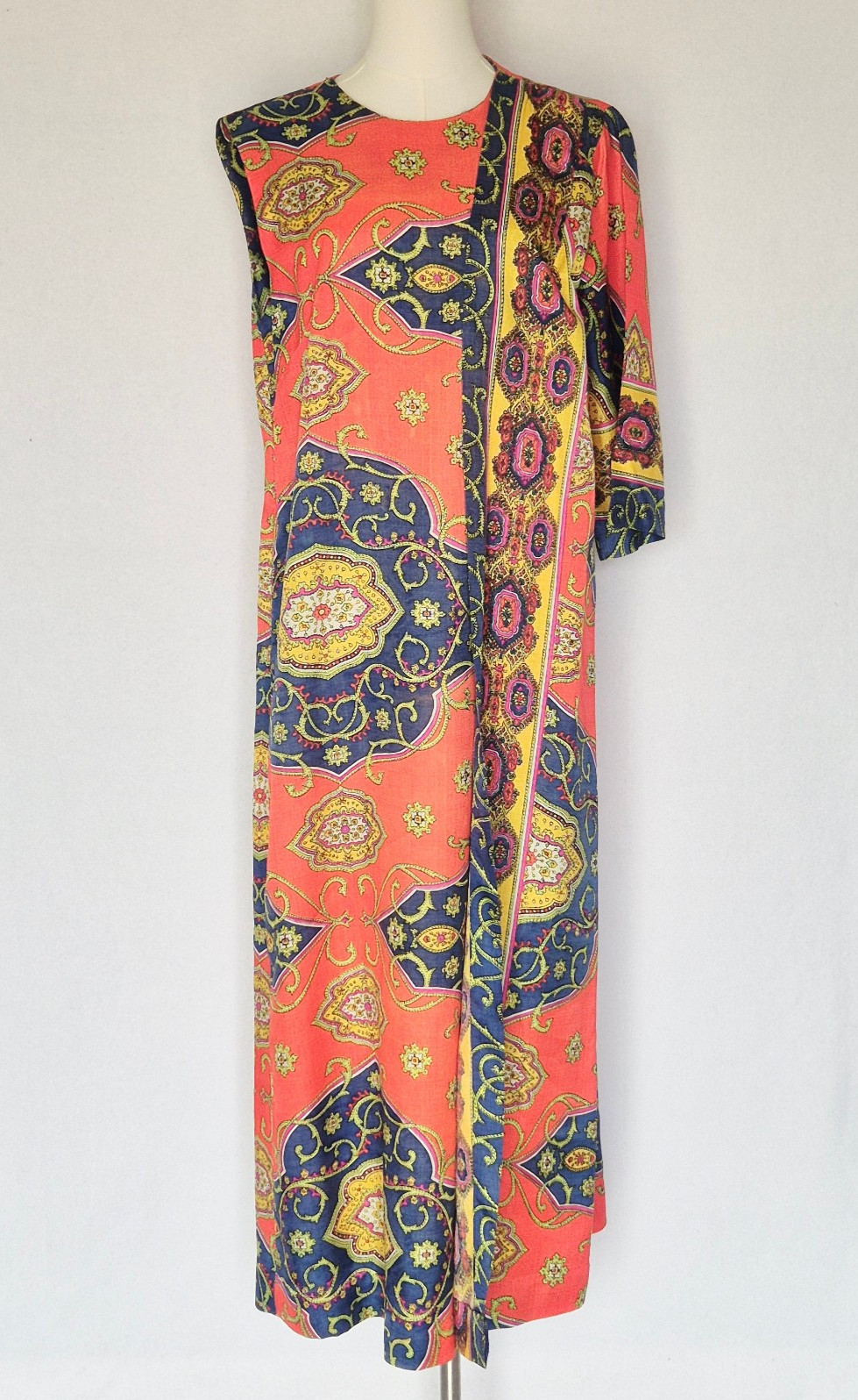 Vintage Lounge Craft Neon Psychedelic Maxi Hostess Kaftan Robe Dress Attached S