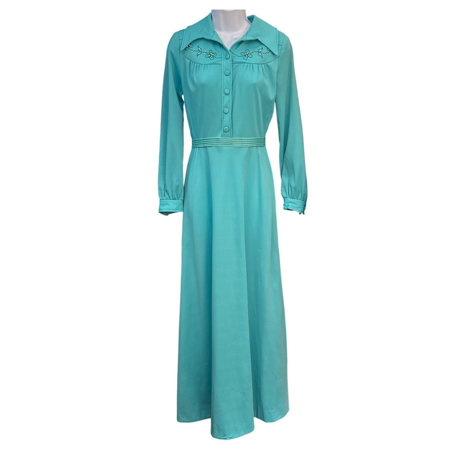Vintage 70s Connections Maxi Dress Turquoise Embroidered Prairie Boho Retro 8H