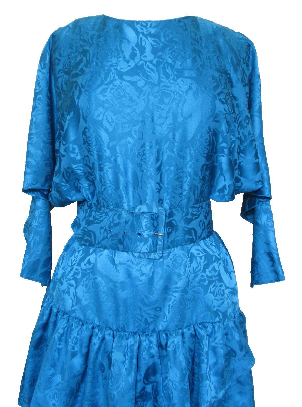 Vintage 80s St Gillian Turquoise Silk Dress 6P Dolman Sleeve Ruffle Skirt