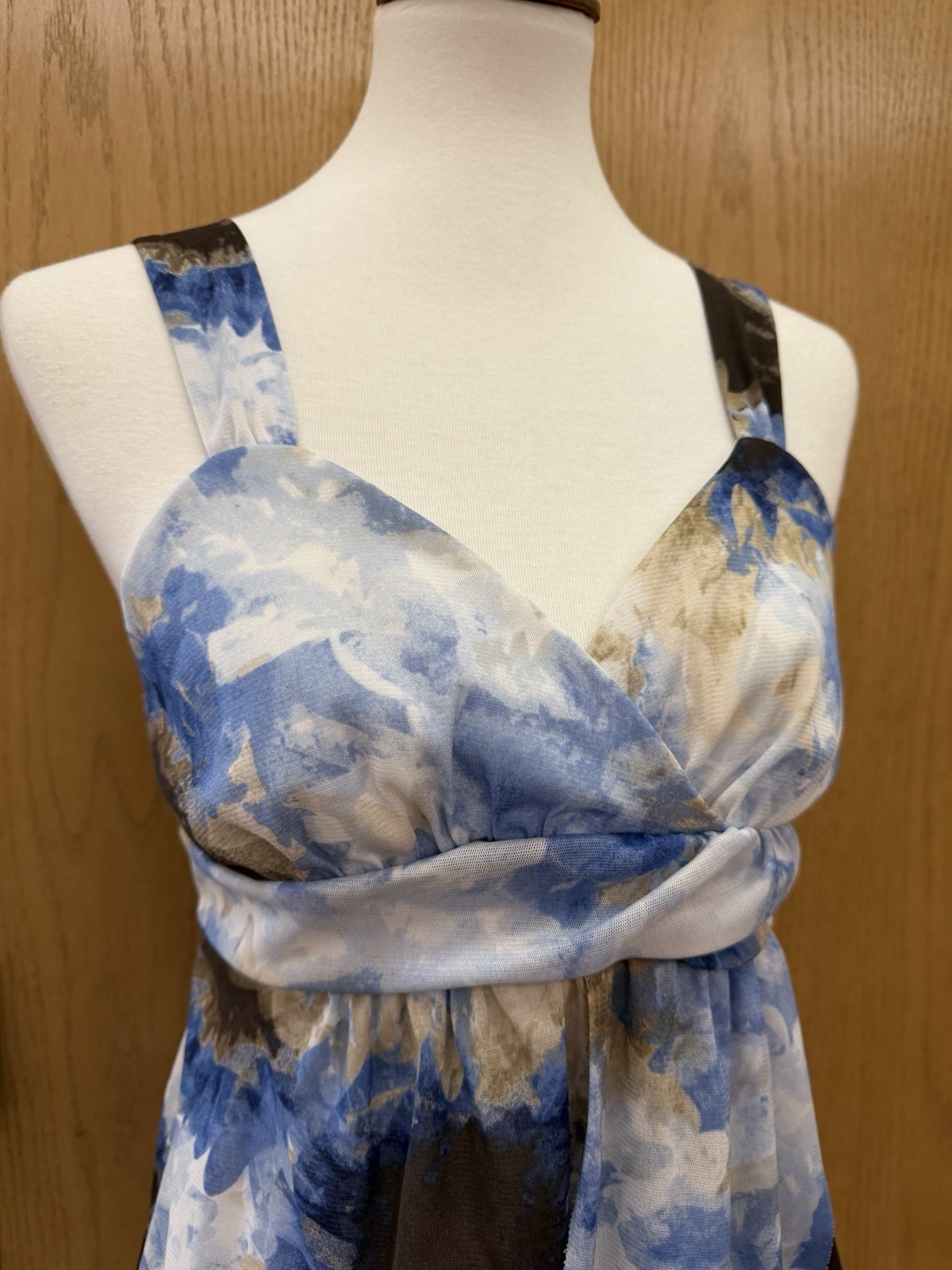 Vtg IZ Byer Sz L Surplice Sleeveless Mesh Top Blue Watercolor Floral Fairy Y2K