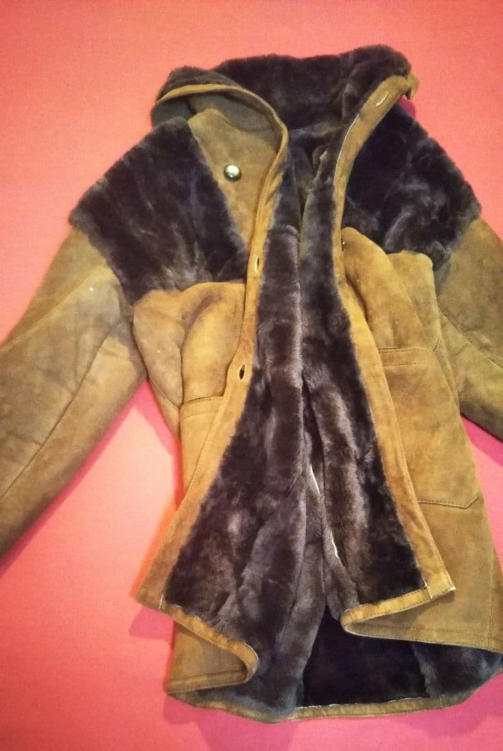70s Vintage Shearling Mouton Coat Principe Brown Suede Fur XL