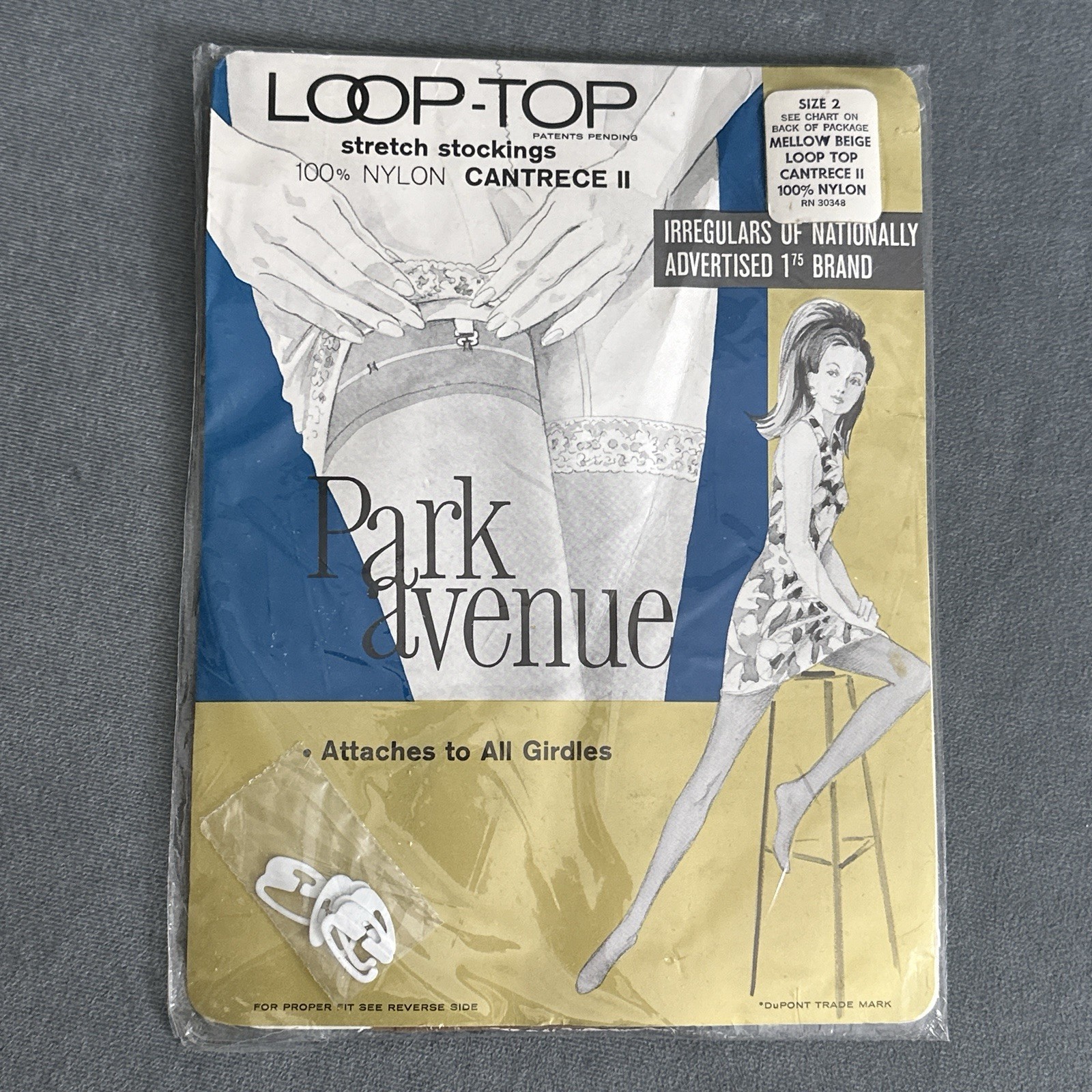 Vintage Loop-Top Park Avenue Nylon Stockings Cantrece II NOS Size 2 Clasps 1960s
