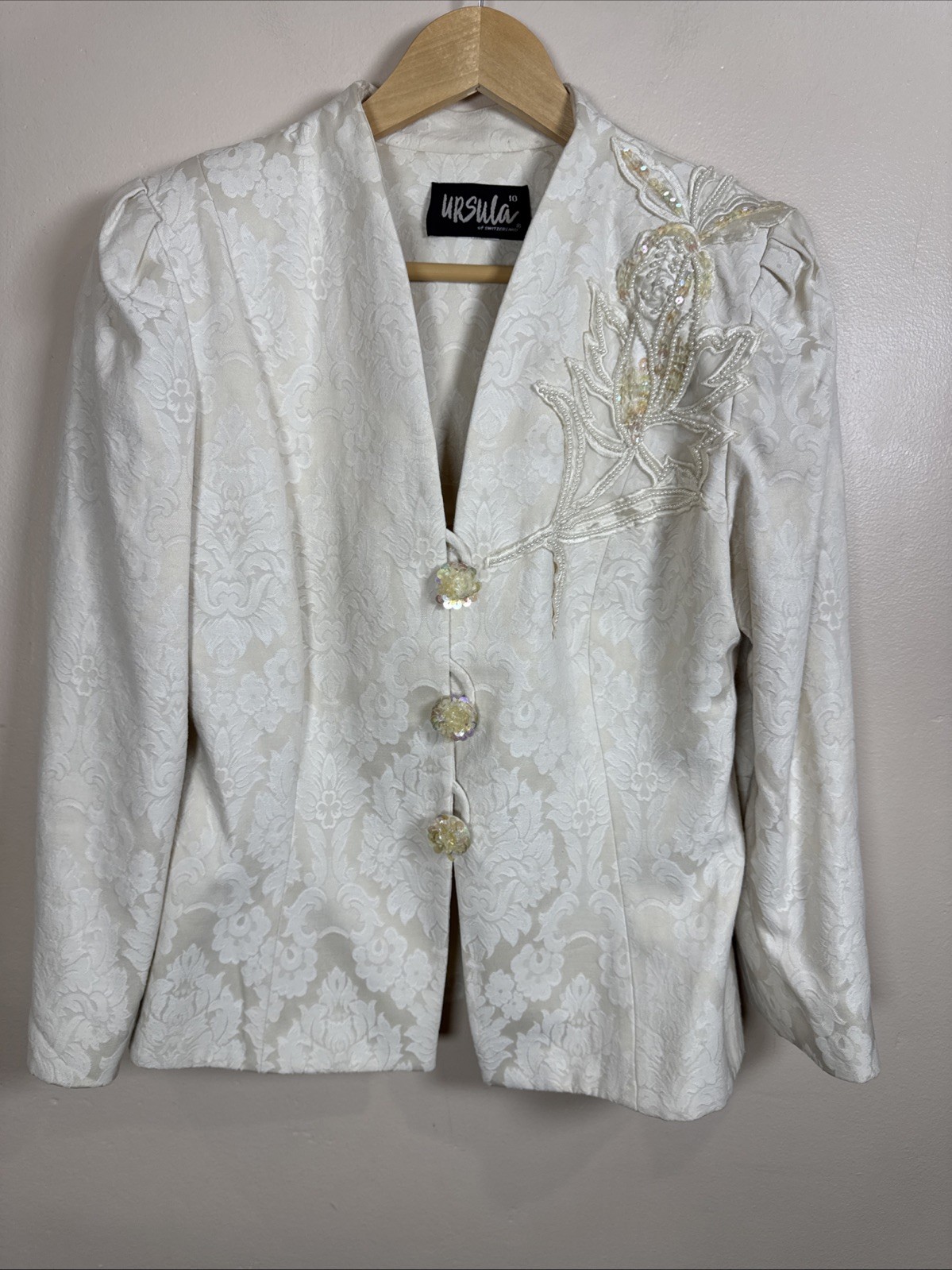 VTG Ursula Of Switzerland Womens Blazer Jaquard Beaded 80s Funky Artsy Bride 10