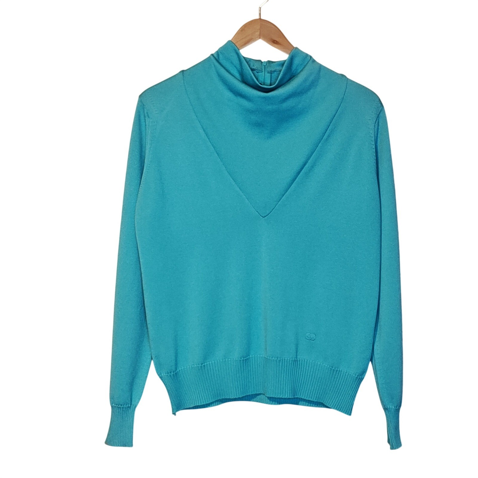 Givenchy Sport Sweater Womens 40 US 8 Turquoise Blue VTG 70s Qiana Mock Neck Zip