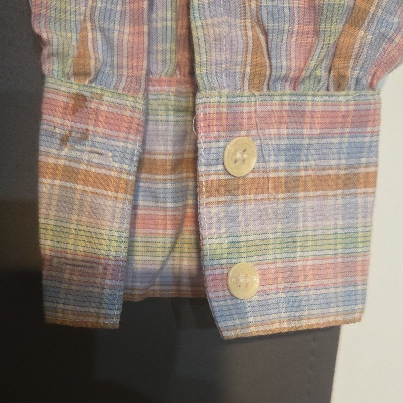 Levi Strauss Plaid Pastel Ruffle High Neck Blouse, Vintage Woman’s Size 8