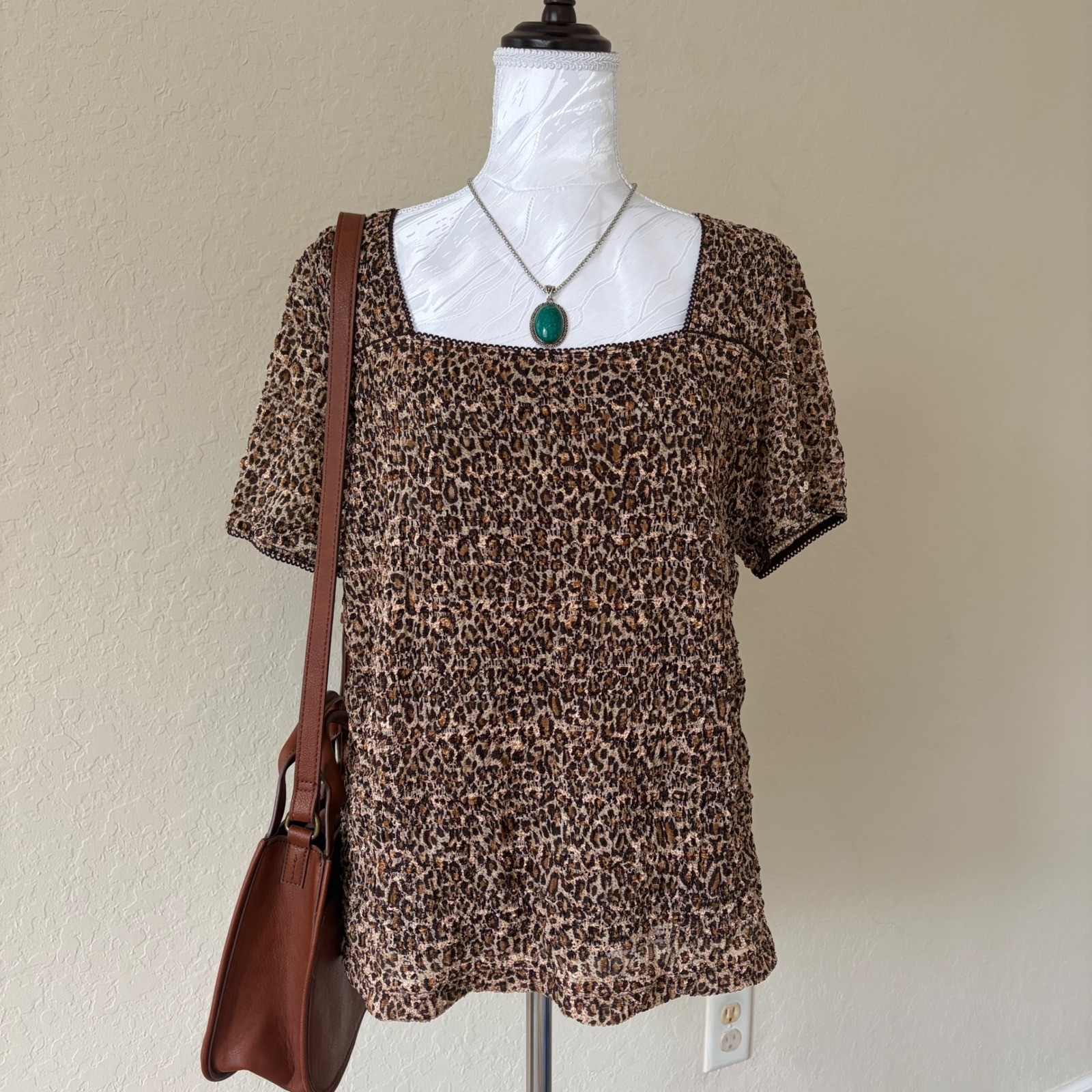 Vintage Y2K East 5th Leopard Print Smocked Blouse Stretch Square Neck Top XL