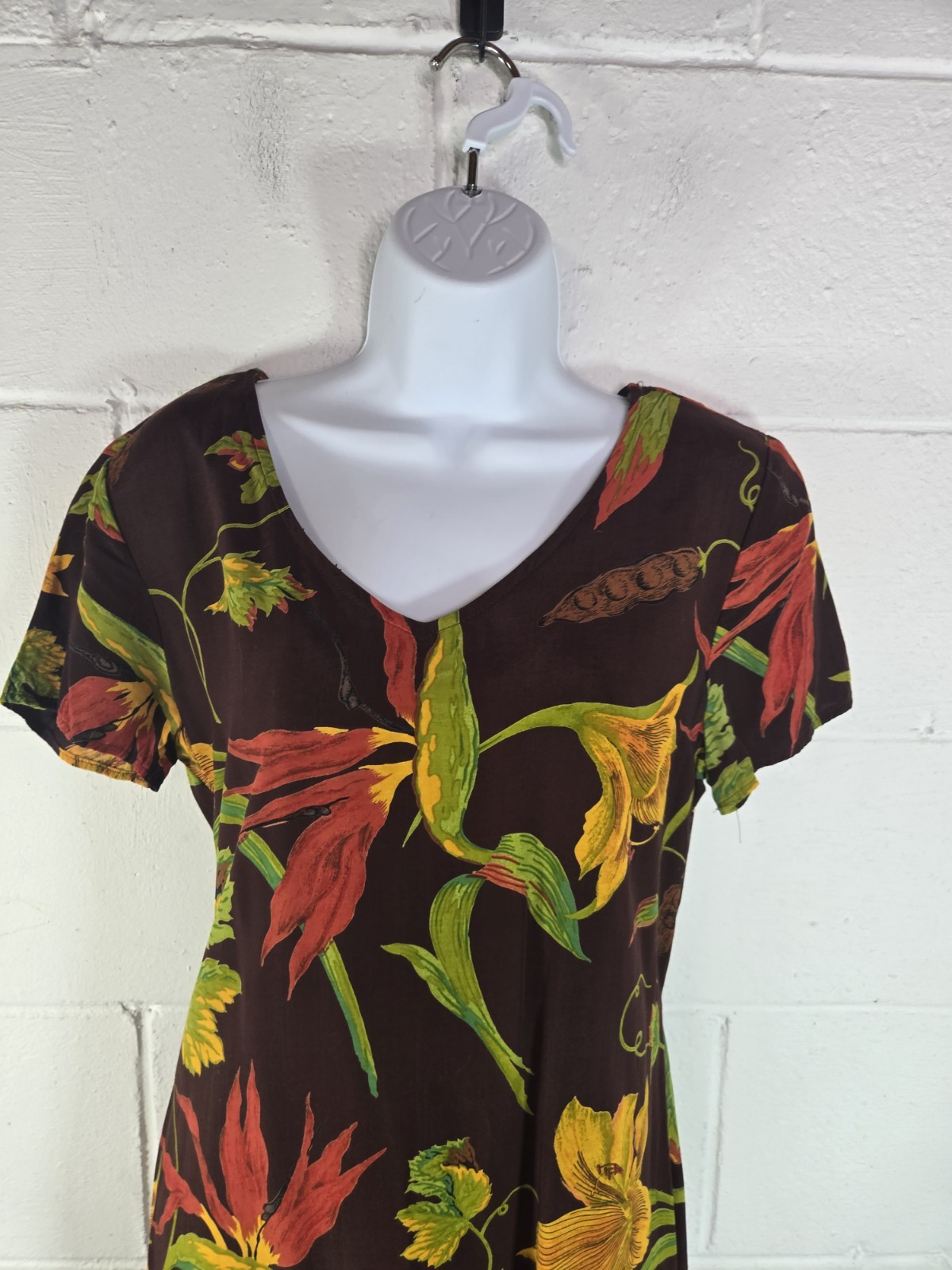 Vtg 90s K.C. Spencer Brown Floral Tropical Long Midi Dress Grunge usa