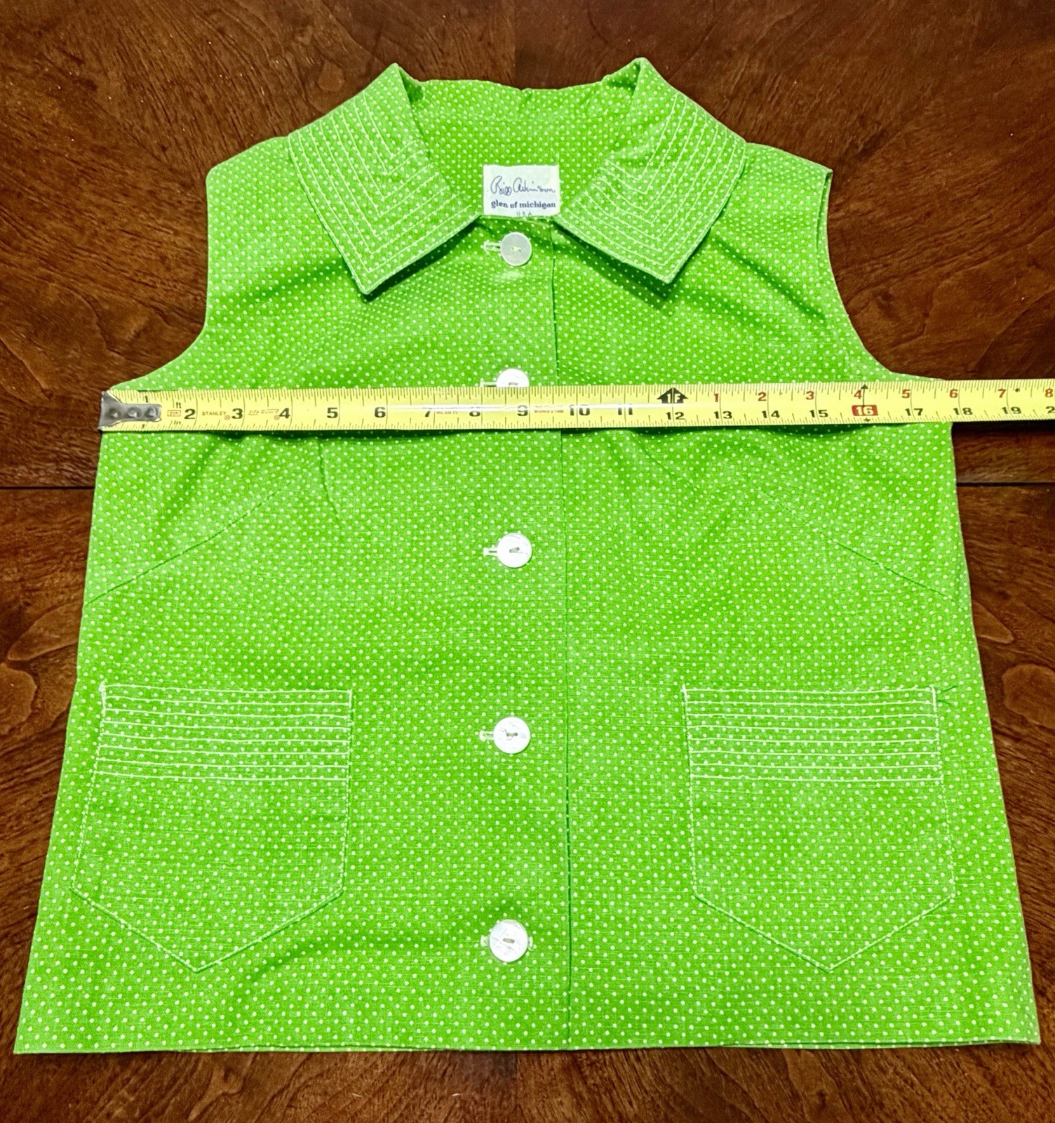 Vintage 1970s Women’s Heavy Cotton Green & White Polka Dot 2 Piece Top/Skirt