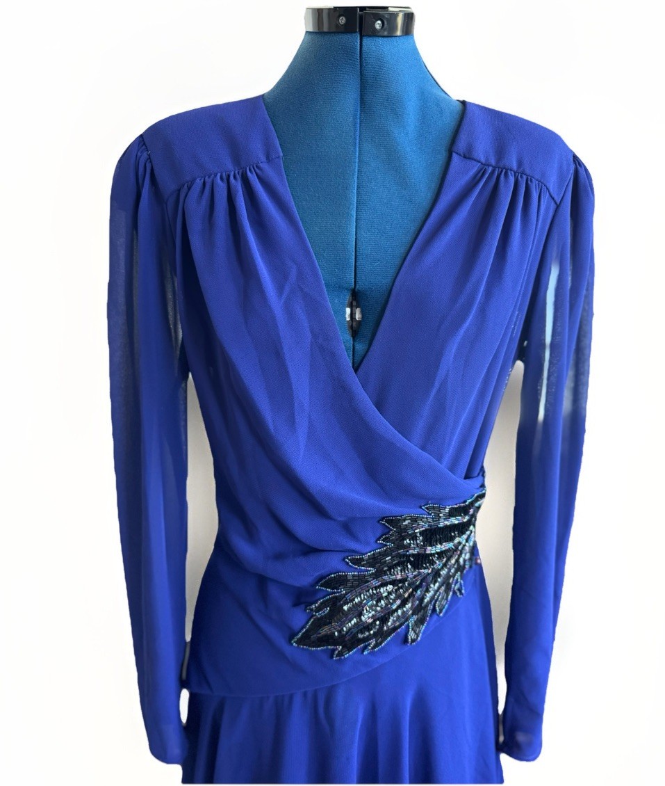 Vintage 80s Casadei Blue Long Sleeve Beaded Sequin Waist Fit Flair Midi Dress 10