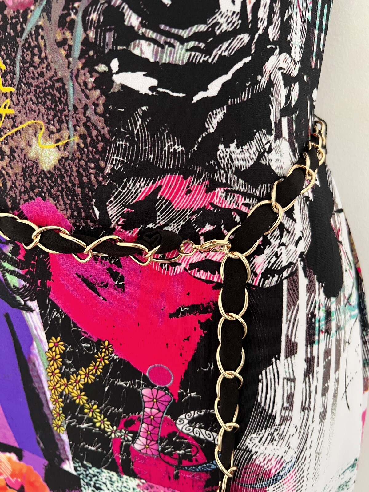 CACHE Dress 2 Colorful Floral Sleeveless Stretch Chain Belt Career Office Siren