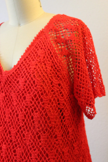 Vintage 1970s Thumbs Up Red Crochet Lace Acrylic Knit Skirt Top Blouse Dress Set