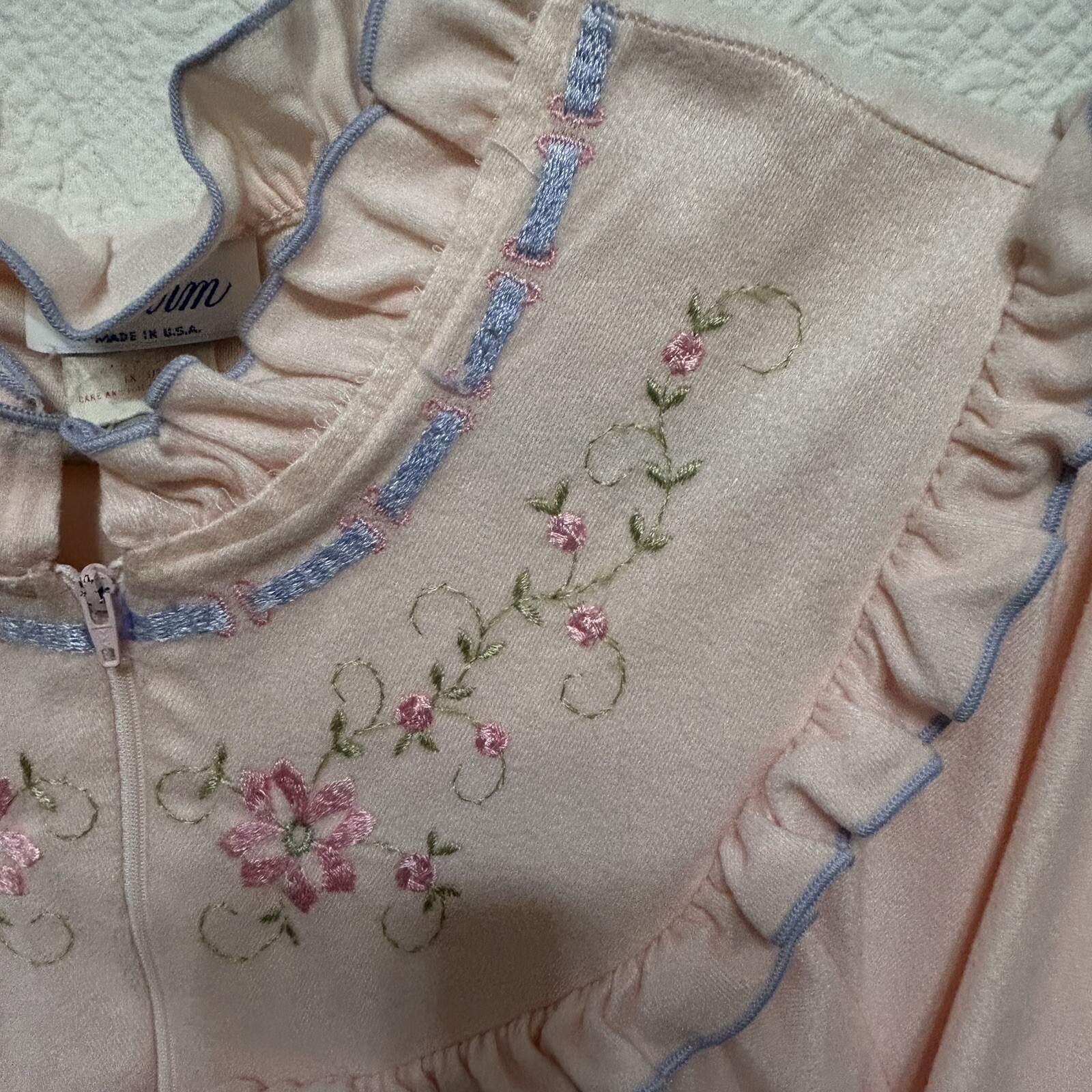 Vintage It’s A Charm Robe Women L Pink Embroidered Zip-Up Dressing Gown