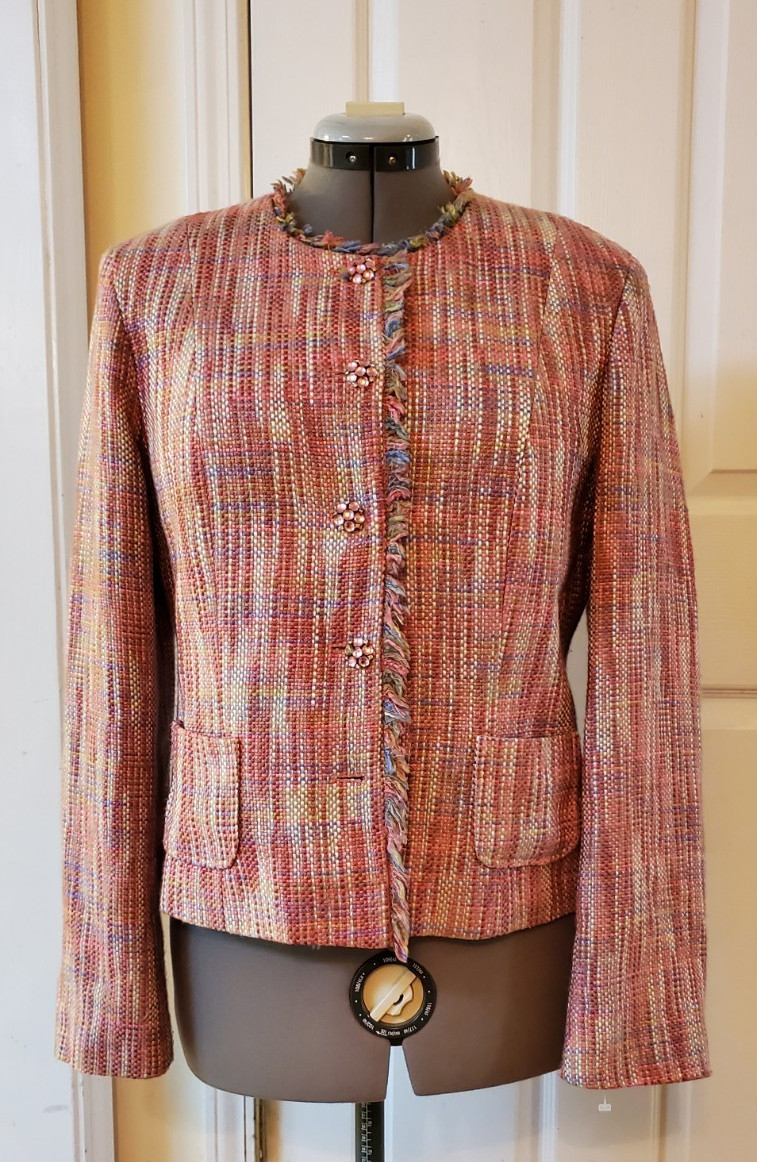 Vintage Perry Ellis Pink Multi tweed Boucle Blazer Jacket Fringe Size 12 USA