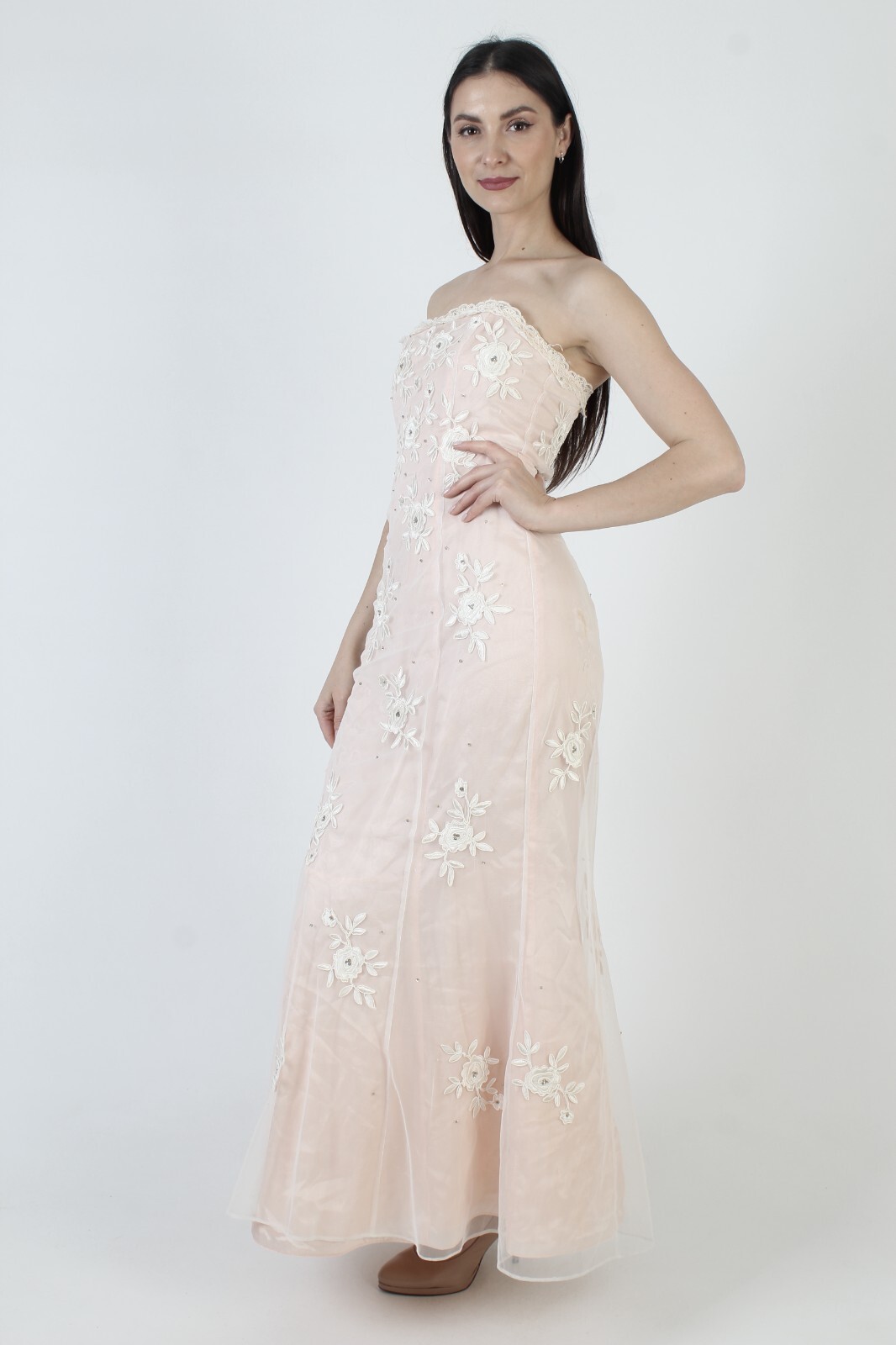 Vtg 90s Niki Livas Dress Pink Beaded Strapless Y2K Prom Mermaid Illusion Gown 6