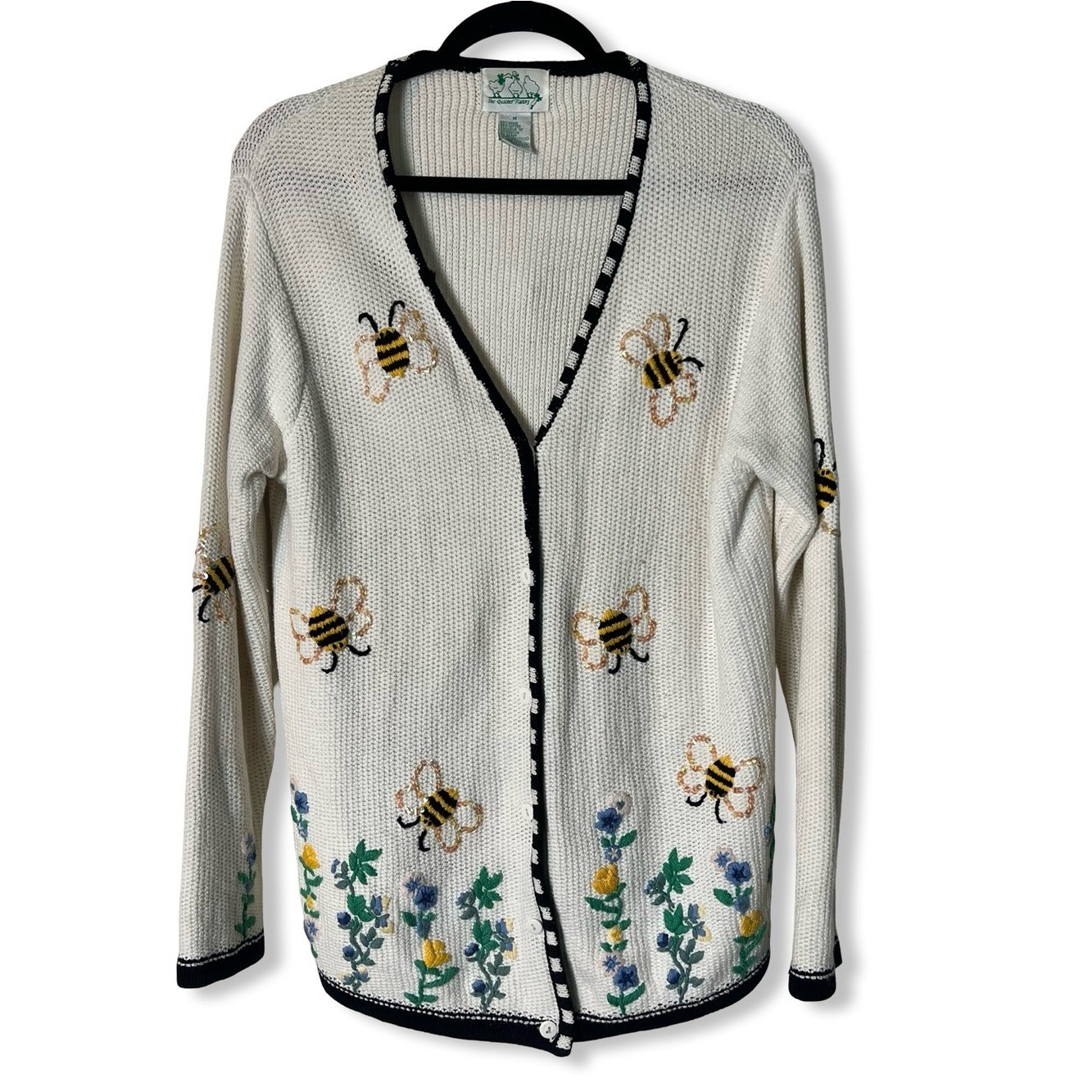 Vintage Quacker Factory Bee Floral Embroidered Cardigan Sweater 90s Sz M