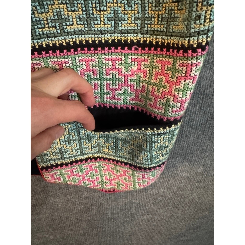 Vintage Hand Embroidered Cross Stitch Geometric Folk Vest Black Pink Green Small