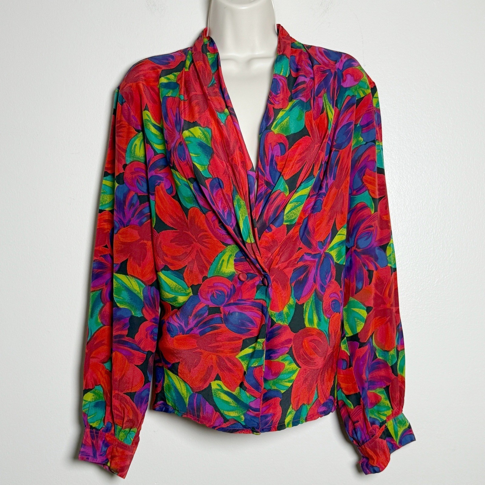 SK & Company VTG 100% Silk Floral Blouse 8 Red Purple Green 90s Office Feminine
