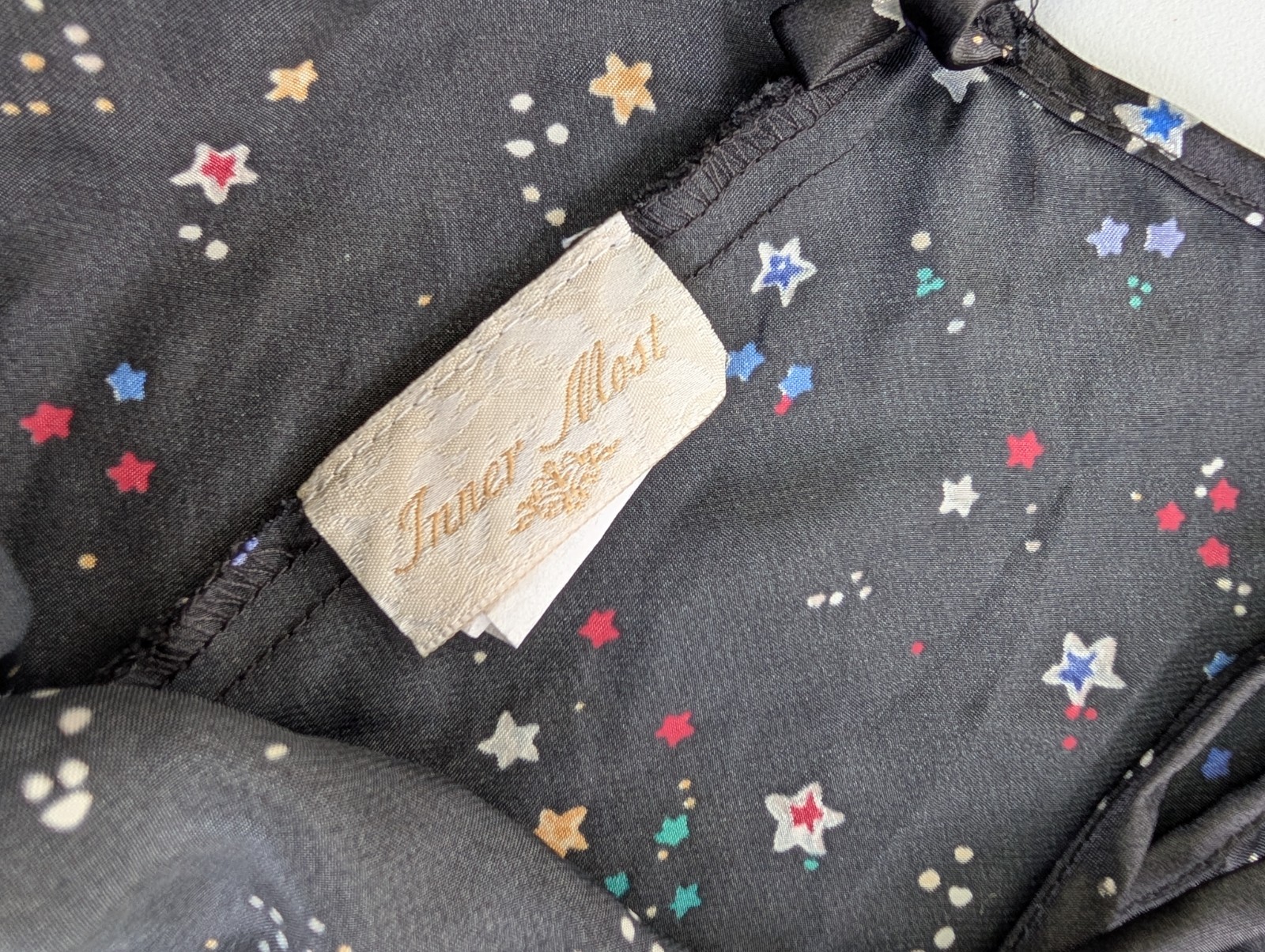 Vtg 90s Inner Most Black Satin Star Print Slip Dress Chemise Midi XL Y2K Beaded