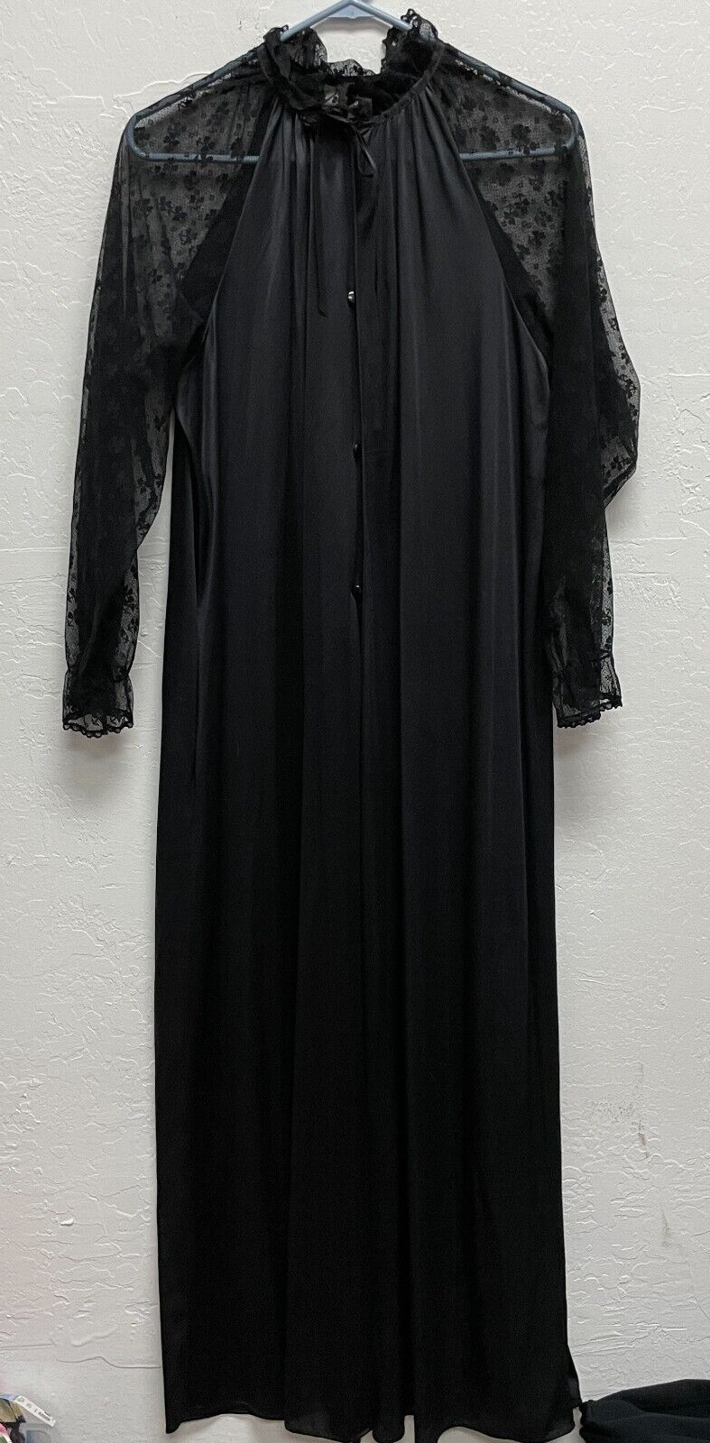Vtg Jolie Two Nylon Hostess Robe JC Penney Sheer Lace Sleeve M Ruffle Long Black