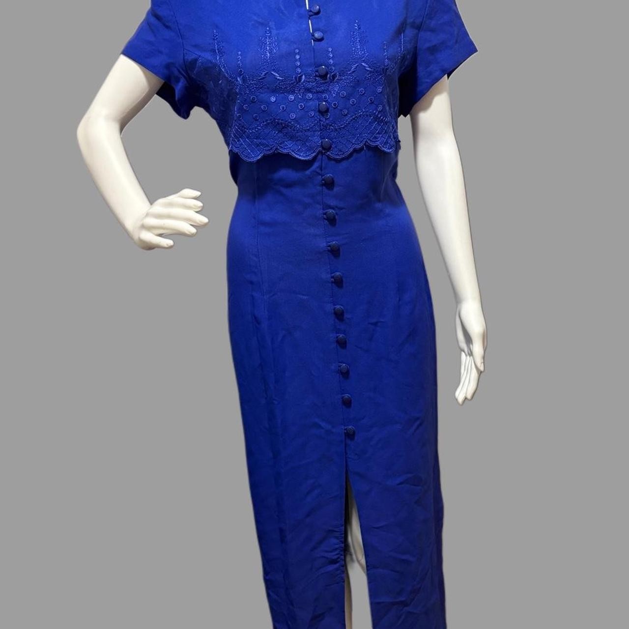 Royal blue vintage 80s dress with button up front and embroidered trim paper tag