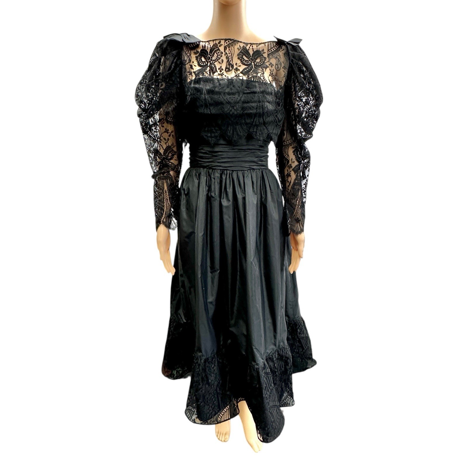 Vtg Sara Fredericks Black Strapless Taffeta & Lace Dress w/Lace Top S/M /cb