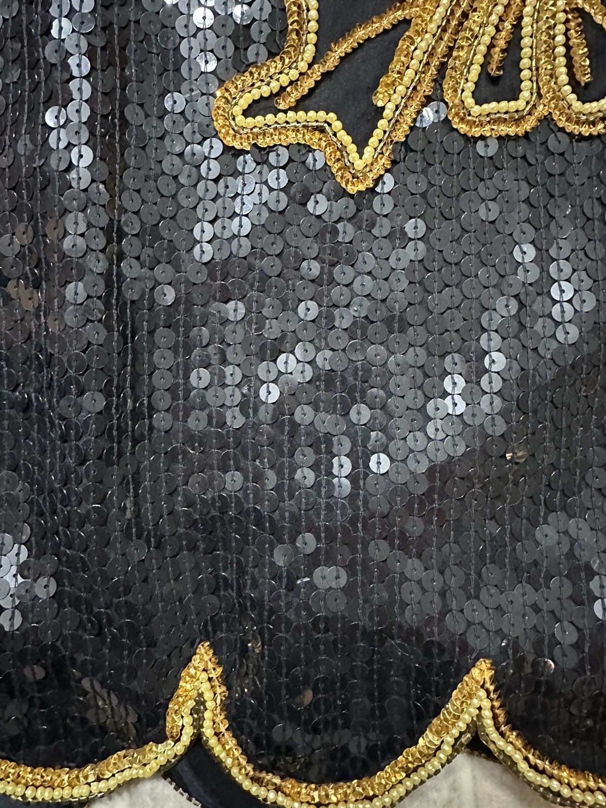 80s DEJAVU Silk Black And Gold Beaded Glam Sequin Top Woman Medium