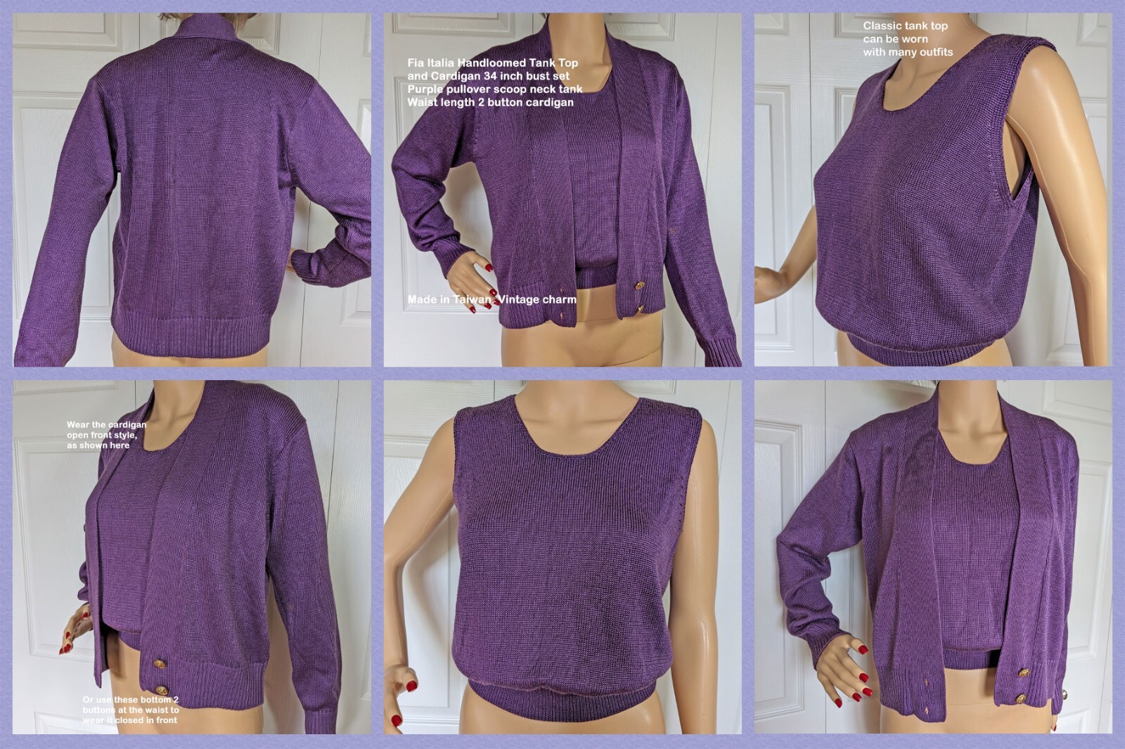 Fia Italia Handloomed Tank Top & Cardigan 34″ bust set, Purple pullover tank SM