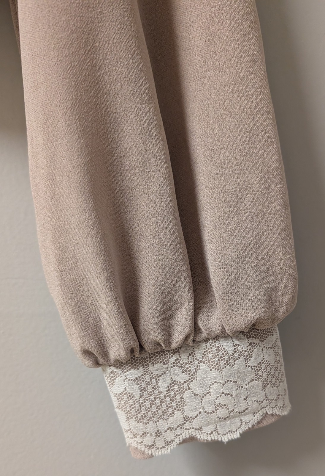 Vintage 70’s Boho Taupe Cropped Blouse Cream Lace Loop Button Tie Mary Martin S