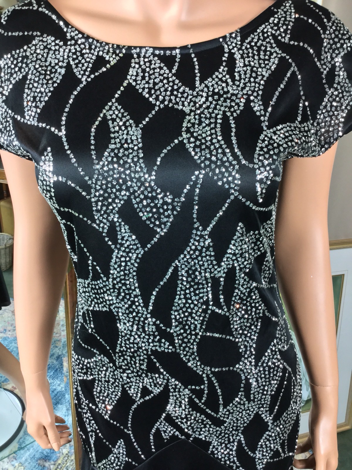 VTG Jodi Lauren Black Drop Waist Low Back Glittered Flapper Style Dress Sz 7/8