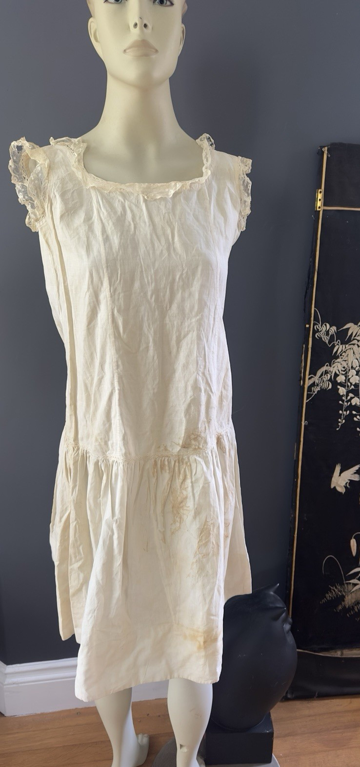 Lovely Antique 19C Lace Trim Cotton Lingerie Full Slip Dress Clothing