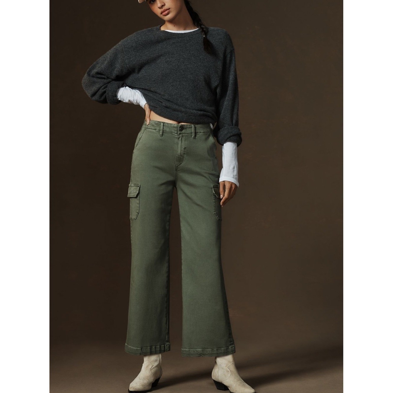 ANTHROPOLOGIE PAIGE Carly Cargo Pants in Vintage Ivy Green Wide Leg Denim