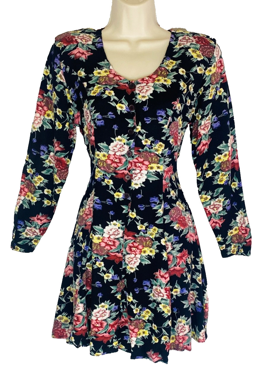 Vintage 1990s black floral mini dress S rayon long sleeve shoulder pads colorful