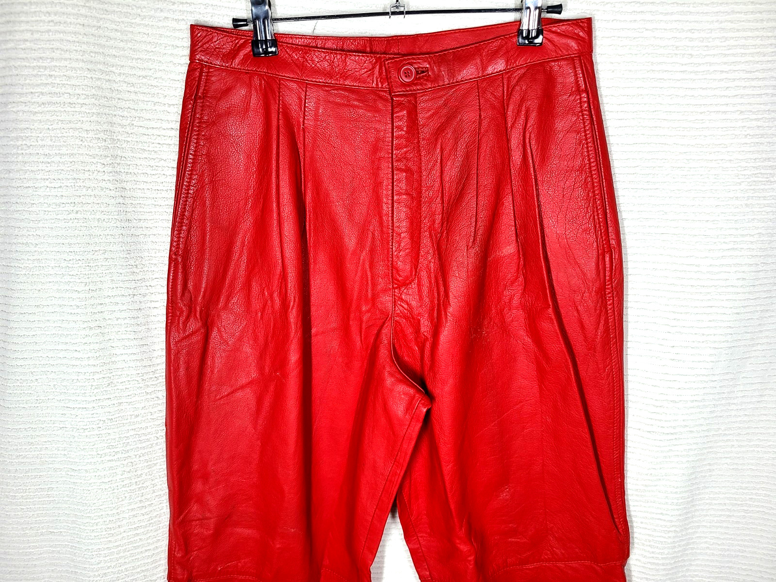 Vtg 80s Red Leather Pants Pleated High Waist 13/14 Mom Jeans Genuine Raw Hem