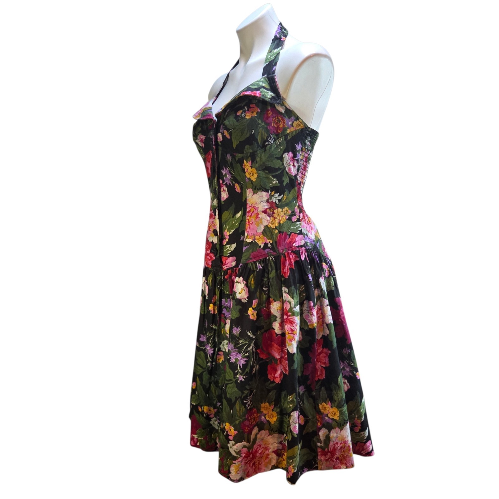 1980s Dark Floral Halter Dress Small / Medium Crinoline Lining Vintage Floral