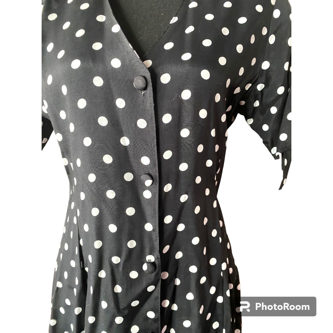 Clio Petites Vintage 80s Women’s button down black/ white Polka Dot Dress sz 8P