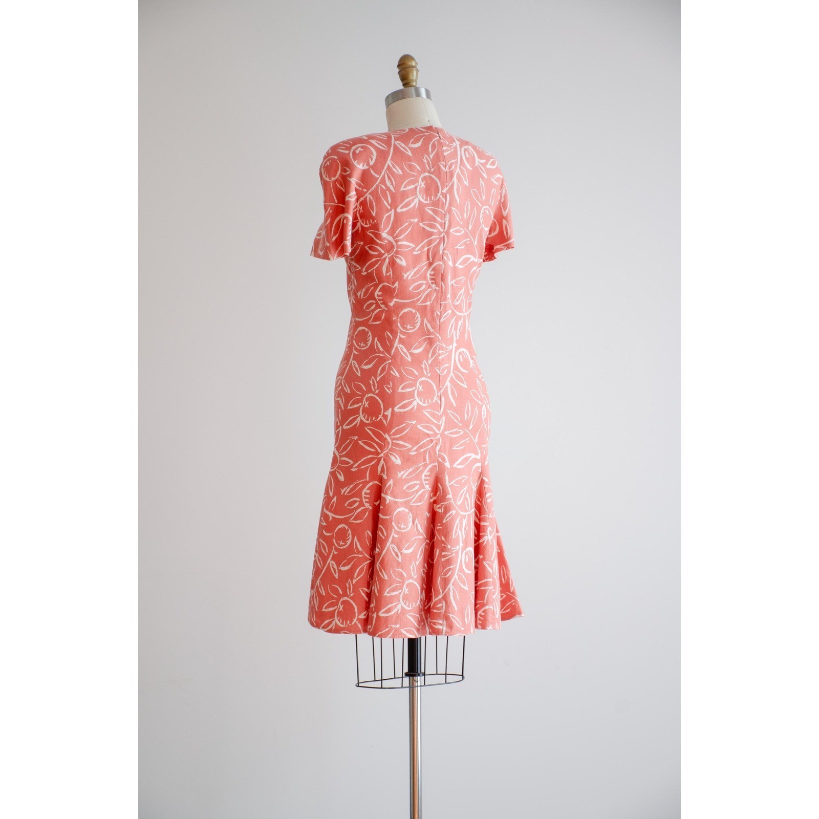 pink linen dress 80s vintage orange terra cotta fruit pattern mini dress