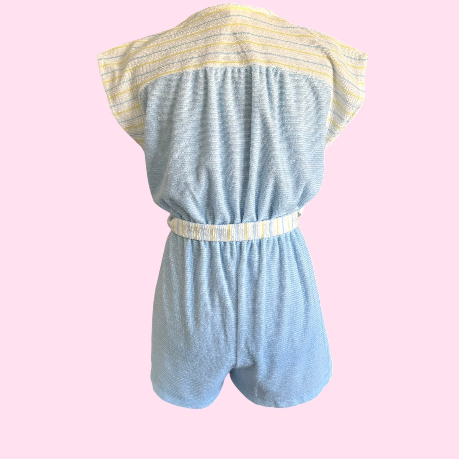 Vintage 70s Pastel Blue Striped Terry Cloth Romper Playsuit by Gina Size M