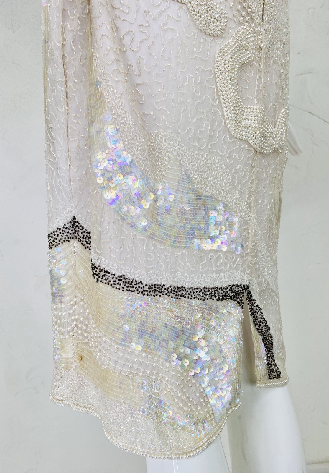 Vtg MODI Off White Champagne Silk Bead Sequin Evening Cocktail Wedding Dress, S