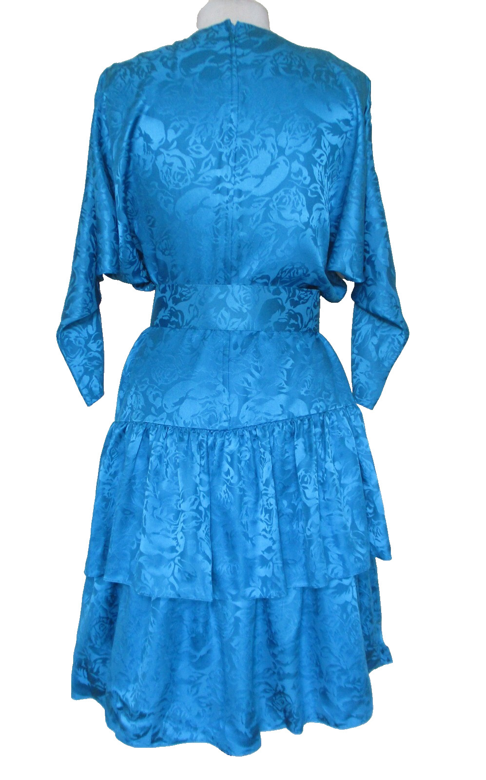 Vintage 80s St Gillian Turquoise Silk Dress 6P Dolman Sleeve Ruffle Skirt